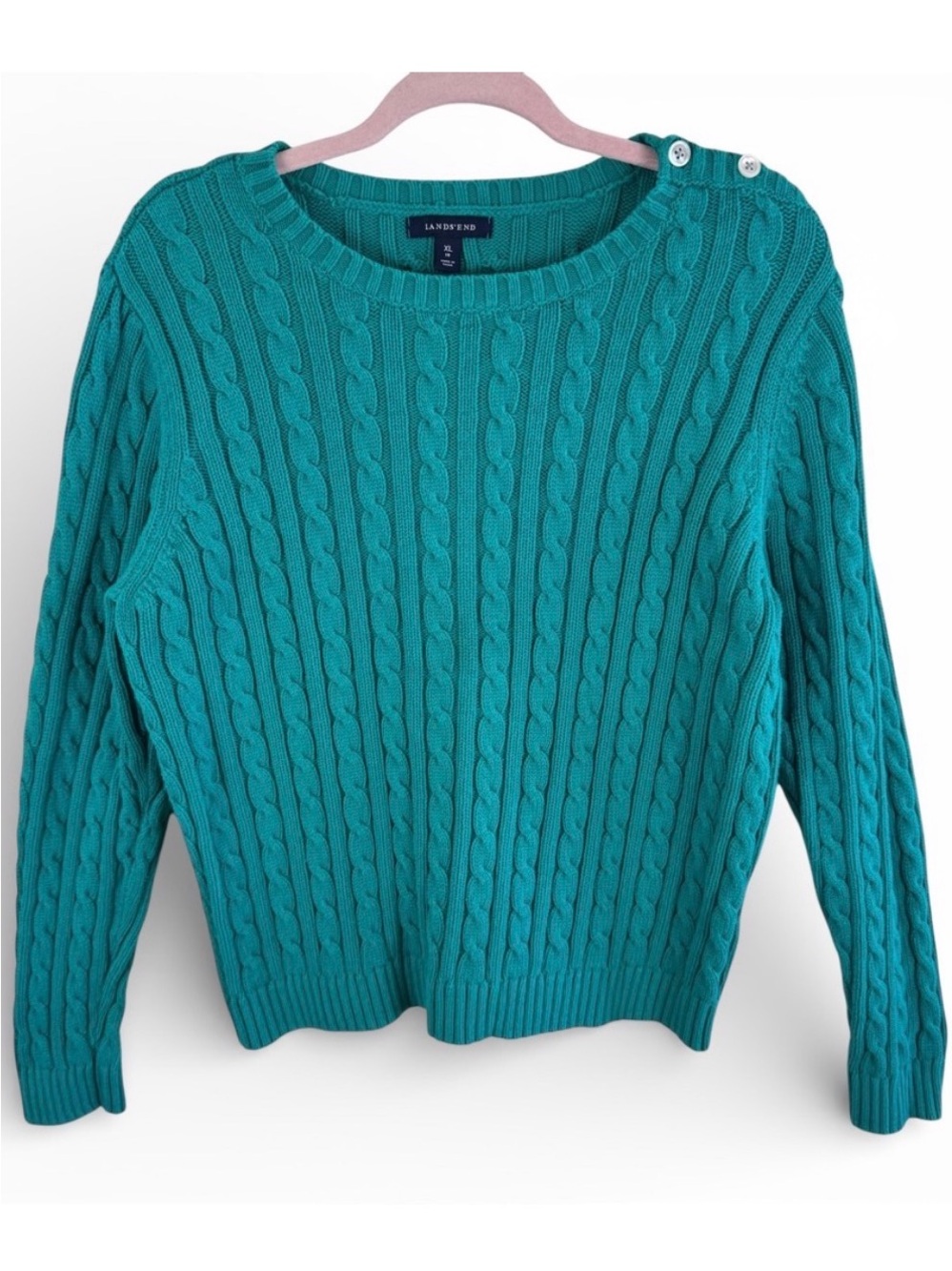 Lands' End Womens XL Teal Green 100% Cotton Cable Knit Shoulder Button Sweater